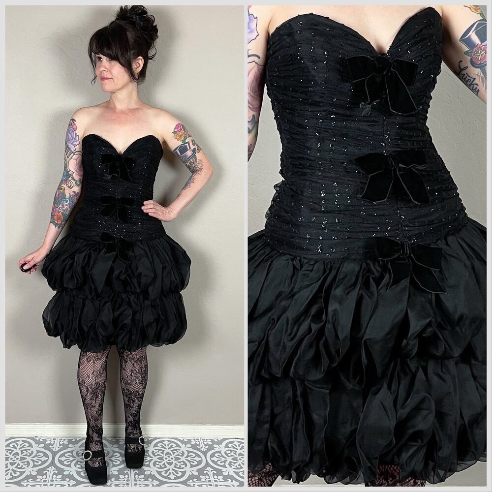 Vintage 1980s Black Strapless Bubble Hem Mini Cocktail Dress